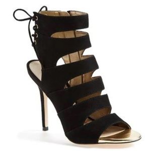 SAM EDELMAN Anastasia Suede & Gold Cutout Peeptoe Heels